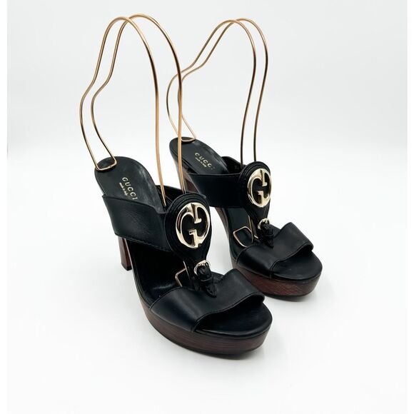 Gucci GG Sandals Platform Wooden Mules Leather EU 38 US 8 - Picture 1 of 14